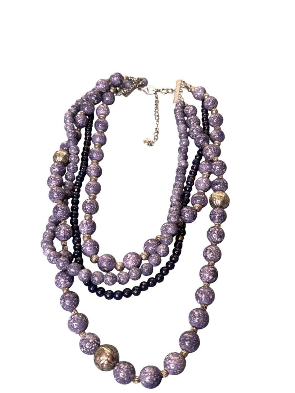 RMN 4 Strand Plastic Beaded Necklace Blue Textured Silvertone Spacer Beads